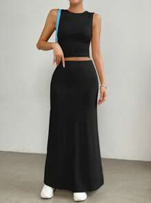 SHEIN X Jessie SHEIN EZwear Cổ áo tương phản Áo ba lỗ & Váy - màu đen - Xem 6