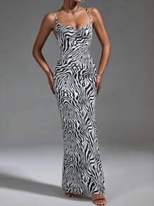Firerie Zebra Striped Print Draped Collar Cami Dress - Black and White - View 1