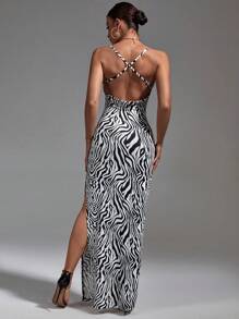Firerie Zebra Striped Print Draped Collar Cami Dress - Black and White - View 2