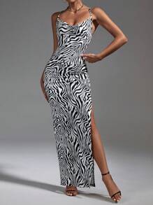 Firerie Zebra Striped Print Draped Collar Cami Dress - Black and White - View 3