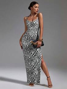 Firerie Zebra Striped Print Draped Collar Cami Dress - Black and White - View 4