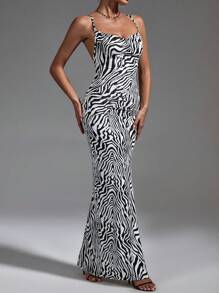 Firerie Zebra Striped Print Draped Collar Cami Dress - Black and White - View 5