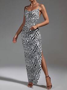 Firerie Zebra Striped Print Draped Collar Cami Dress - Black and White - View 6