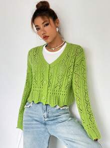 SHEIN Qutie 網眼針織落肩袖貝殼邊前紐扣開襟衫 - 綠色 - 查看 1