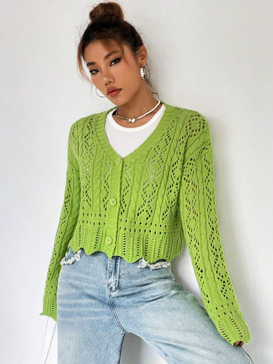 SHEIN Qutie 網眼針織落肩袖貝殼邊前紐扣開襟衫 - 綠色 - 查看 1