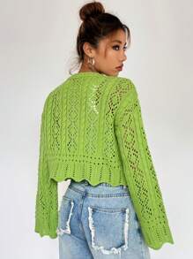 SHEIN Qutie 網眼針織落肩袖貝殼邊前紐扣開襟衫 - 綠色 - 查看 2