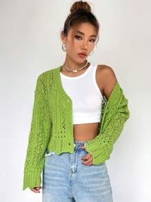 SHEIN Qutie 網眼針織落肩袖貝殼邊前紐扣開襟衫 - 綠色 - 查看 3