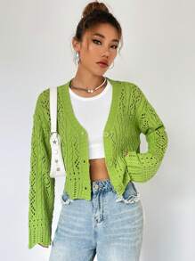 SHEIN Qutie 網眼針織落肩袖貝殼邊前紐扣開襟衫 - 綠色 - 查看 4