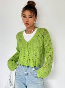 SHEIN Qutie 網眼針織落肩袖貝殼邊前紐扣開襟衫 - 綠色 - 查看 5