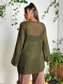 SHEIN ICON 大碼前繫帶鏤空針織開襟衫 - 軍綠色 - 查看 2