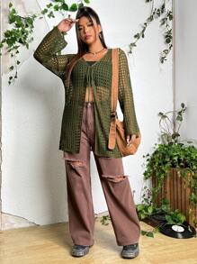 SHEIN ICON 大碼前繫帶鏤空針織開襟衫 - 軍綠色 - 查看 3