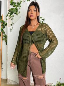 SHEIN ICON 大碼前繫帶鏤空針織開襟衫 - 軍綠色 - 查看 6