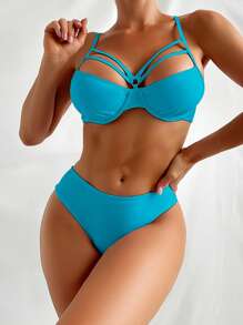 背帶鋼圈高腰比基尼泳裝 - 藍色 - 查看 4