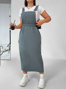 Flirla Plus Solid Pinafore Dress Without Tee - Grey - View 1