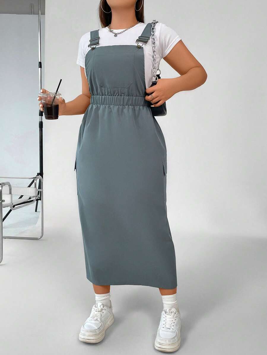 Flirla Plus Solid Pinafore Dress Without Tee - Grey - View 1