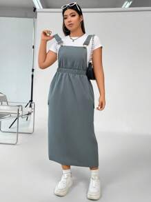 Flirla Plus Solid Pinafore Dress Without Tee - Grey - View 4