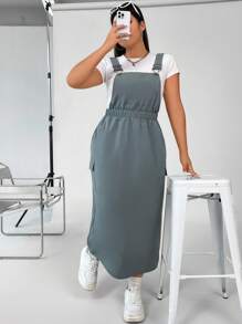 Flirla Plus Solid Pinafore Dress Without Tee - Grey - View 5