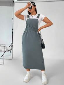 Flirla Plus Solid Pinafore Dress Without Tee - Grey - View 6