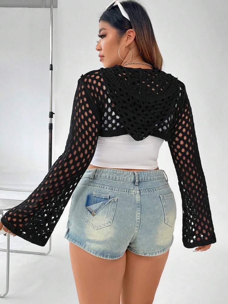 Plus Hollow Out Tie Front Crop Cardigan Without Cami Top Fall Cloth For Women
