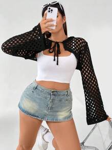 SHEIN MOOSTA Hơn Xu hướng: Cắt giảm Tie Trước Cắt sửa áo lông cừu Không có áo Top Cami - màu đen - Xem 5