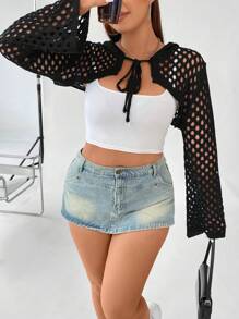SHEIN MOOSTA Hơn Xu hướng: Cắt giảm Tie Trước Cắt sửa áo lông cừu Không có áo Top Cami - màu đen - Xem 6