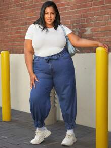 SHEIN CURVE+ 大碼高腰前打結束腳牛仔褲 - 深色水洗藍 - 查看 5