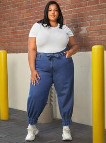 SHEIN CURVE+ 大碼高腰前打結束腳牛仔褲 - 深色水洗藍 - 查看 2