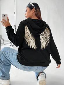 SHEIN ICON Plus Size Wings Pattern Sequin Drop Shoulder Sweatshirt - Black - View 1