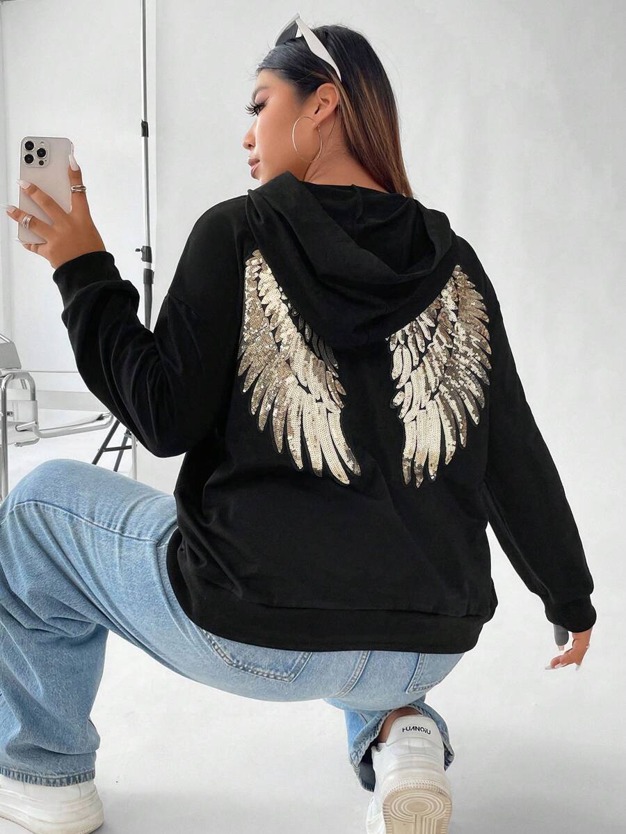 SHEIN ICON Plus Size Wings Pattern Sequin Drop Shoulder Sweatshirt - Black - View 1