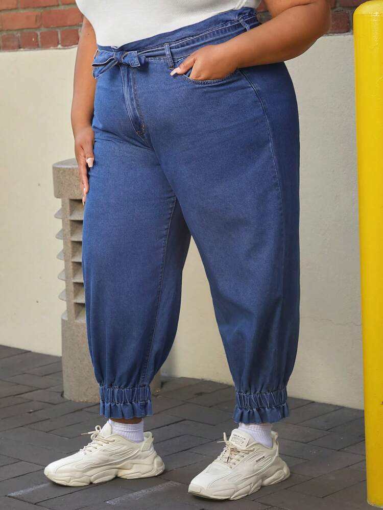 Plus High Waist Knot Front Jogger Jeans