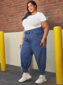 SHEIN CURVE+ 大碼高腰前打結束腳牛仔褲 - 深色水洗藍 - 查看 6