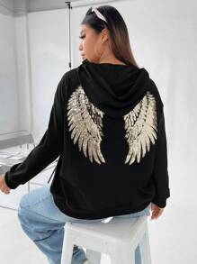 SHEIN ICON Plus Size Wings Pattern Sequin Drop Shoulder Sweatshirt - Black - View 3