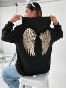SHEIN ICON Plus Size Wings Pattern Sequin Drop Shoulder Sweatshirt - Black - View 5