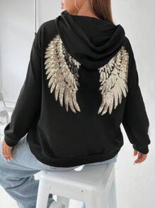 SHEIN ICON Plus Size Wings Pattern Sequin Drop Shoulder Sweatshirt - Black - View 7