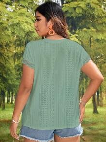 SHEIN VCAY 大碼拼接水溶蕾絲T恤 - 綠色 - 查看 2