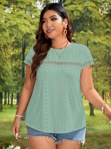 SHEIN VCAY 大碼拼接水溶蕾絲T恤 - 綠色 - 查看 4