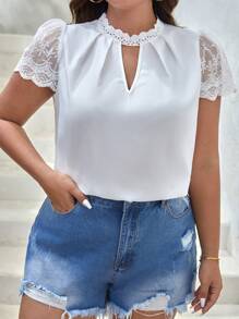 SHEIN Privé Plus Contrast Lace Keyhole Neckline Puff Sleeve Blouse - White - View 4