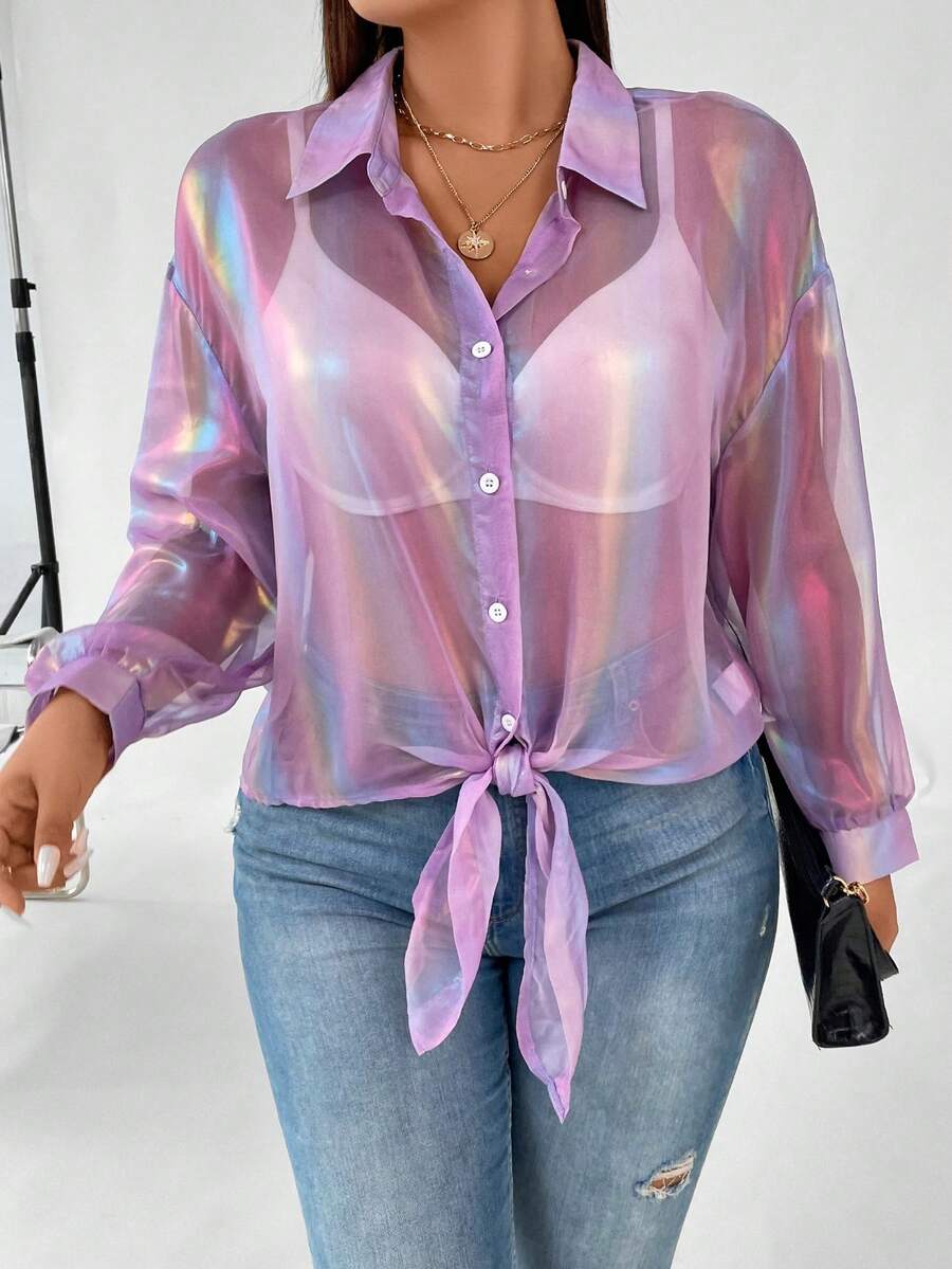 Celure Talla grande Camisa holográfico de hombros caídos bajo con nudo sin sujetador - Morado - Ver 1