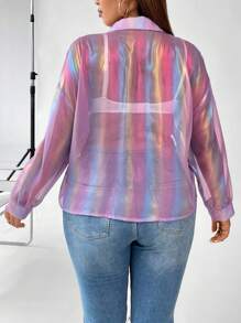 Celure Talla grande Camisa holográfico de hombros caídos bajo con nudo sin sujetador - Morado - Ver 2