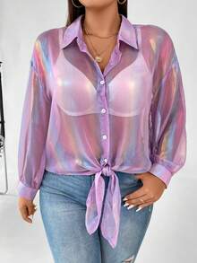 Celure Talla grande Camisa holográfico de hombros caídos bajo con nudo sin sujetador - Morado - Ver 3