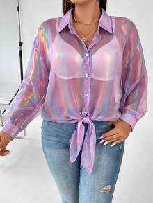 Celure Talla grande Camisa holográfico de hombros caídos bajo con nudo sin sujetador - Morado - Ver 4