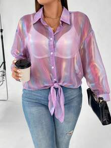 Celure Talla grande Camisa holográfico de hombros caídos bajo con nudo sin sujetador - Morado - Ver 5