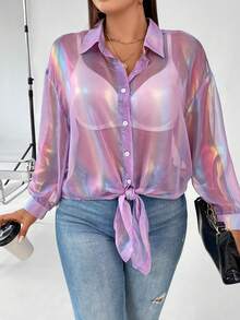 Celure Talla grande Camisa holográfico de hombros caídos bajo con nudo sin sujetador - Morado - Ver 6