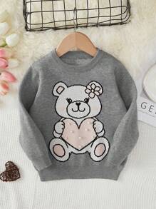 SHEIN Young Girl Cute Cartoon Long Sleeve Round Neck Pullover Sweater - Grey - View 1