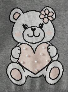 SHEIN Young Girl Cute Cartoon Long Sleeve Round Neck Pullover Sweater - Grey - View 4