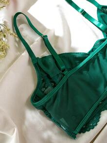 Floral Lace Underwire Lingerie Set - Dark Green - View 9