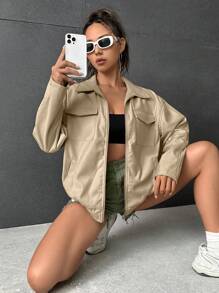 SHEIN EZwear Abrigo con bolsillo con solapa de hombros caídos con cremallera