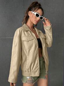 SHEIN EZwear Abrigo con bolsillo con solapa de hombros caídos con cremallera