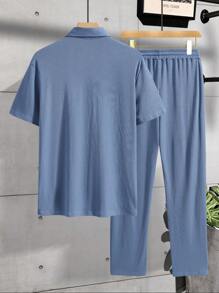 Manfinity Homme Men Letter Graphic Polo Shirt & Drawstring Waist Joggers - Dusty Blue - View 2