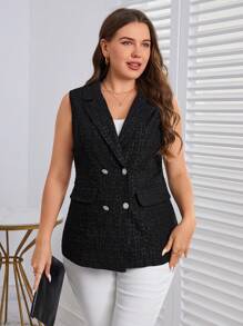 SHEIN LUNE 大碼雙排釦翻蓋細節馬甲西裝外套 - 黑色 - 查看 2